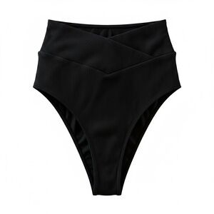 Aerie Ribbed High Cut Cheeky Bikini Bottoms Black High Waisted Swim NWT Size S